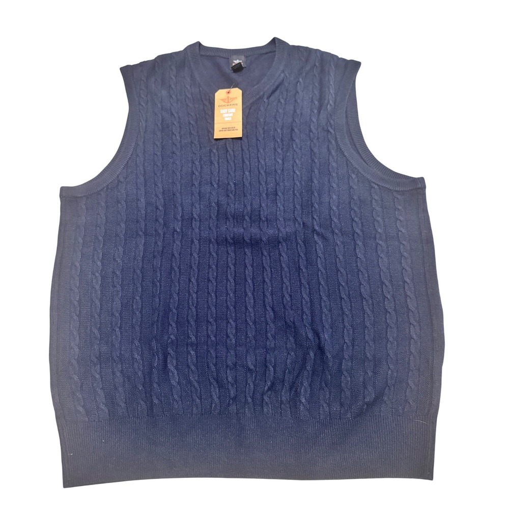 Dockers Sweater Vest Mens XL Navy Blue Cable Knit V-Neck Easy Care Comfort Touch